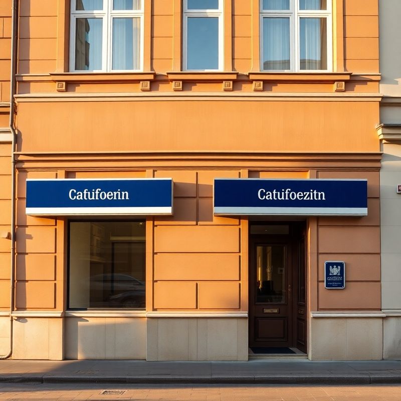 Fațadă clasică de clădire din Iași cu piatră caldă și indicator indigo, lumină aurie de după-amiază