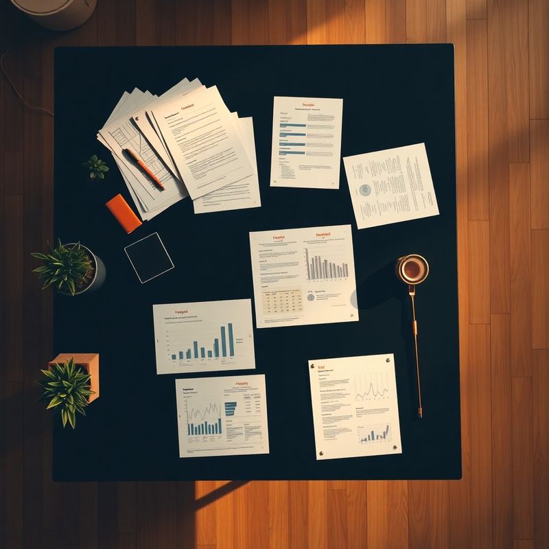 Documente financiare structurate pe un birou indigo, atmosferă editorial-corporativă